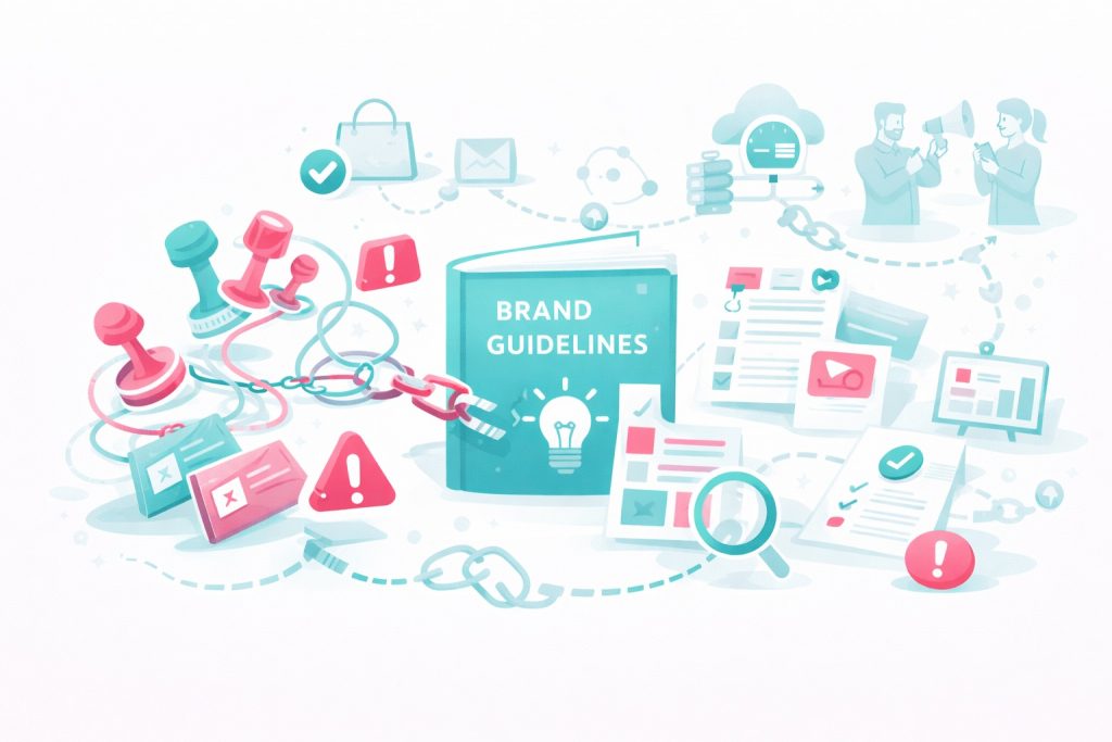 Brand Governance Illustration: Brand Guidelines, Freigaben und Compliance-Prüfungen für konsistente Touchpoints