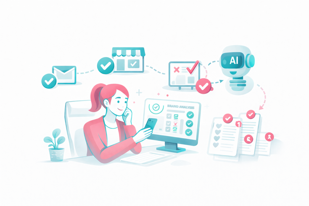 Illustration: Marketing prüft mehrere Touchpoints am Bildschirm, KI gibt Feedback und Prüf-Checks